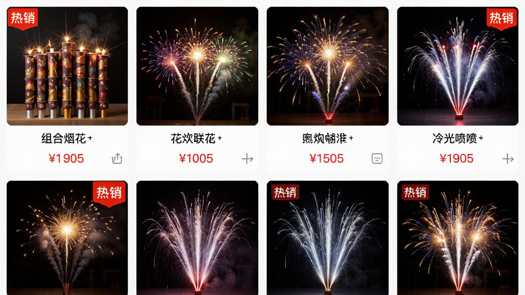 主体:花炮联盟APP的产品展示页面,展示多种烟花产品图片,包括礼花弹、组合烟花、冷光喷泉等。布局:网格状排列,产品图片均匀分布。排版:每张图片下方标注产品名称和价格。风格:电商类应用风格,色彩鲜艳。细节:产品图片清晰,有“热销”标签标识。画质:高清,干净,无多余元素。