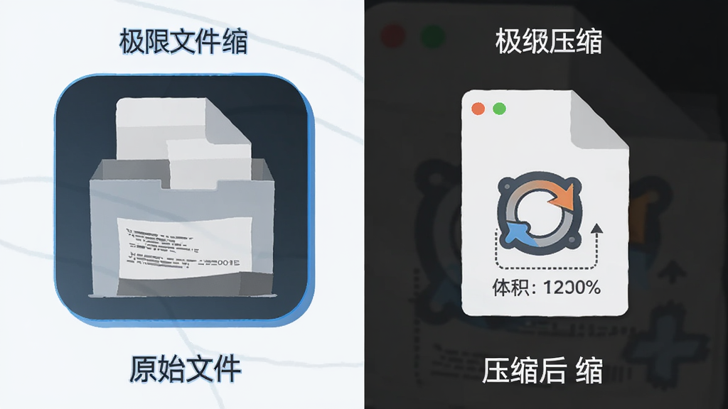 主体为“极限压缩”软件图标与压缩文件对比示意图,布局左右对比,左侧为原始文件,右侧为压缩后文件,风格扁平化,细节标注体积百分比,画质清晰干净