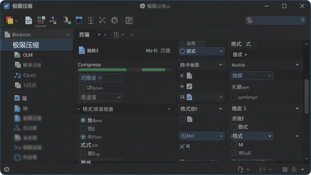 主体为“极限压缩”软件主界面,布局展示简洁的工具栏与文件列表,风格现代化,细节突出压缩进度条与格式选项,画质高清干净,无多余元素