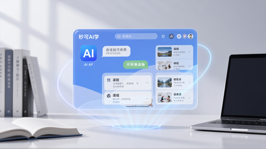 高清海报风格,主体为“秒可AI学”APP界面悬浮在简约书桌上,界面展示AI对话和课程列表,周围有柔和光效和书本、笔记本电脑等元素,布局中央构图,干净背景,细节丰富,画质清晰,无多余元素。