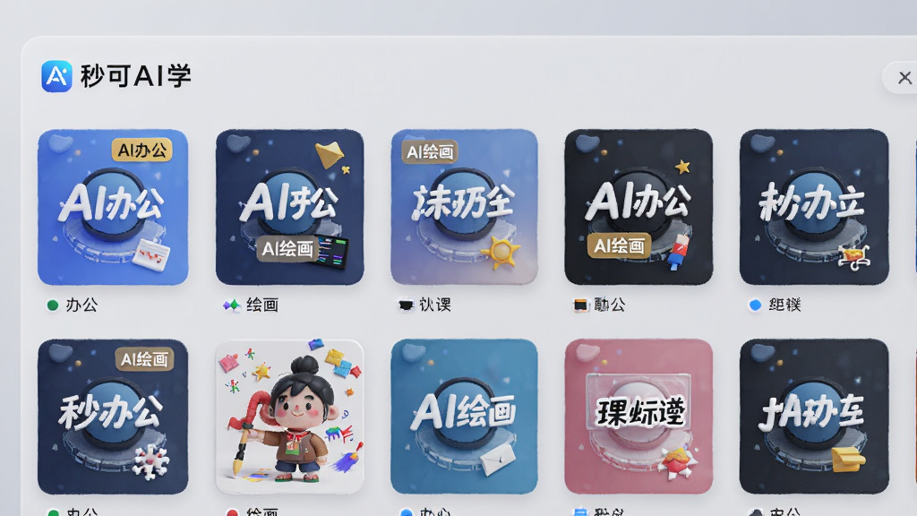 3D渲染风格,主体为“秒可AI学”课程列表界面,展示多门课程封面,封面带有“AI办公”、“AI绘画”等标签,背景为浅灰色,布局网格排列,排版有序,细节清晰,画质高级。
