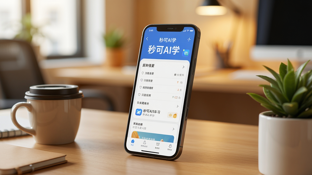现代办公场景,主体为手机屏幕显示“秒可AI学”学习界面,周围有咖啡杯和绿植,背景为暖色办公桌,布局侧视,风格写实,细节自然,画质清晰。