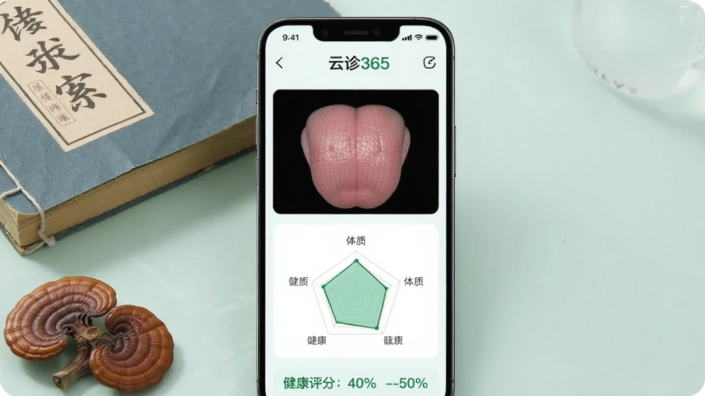 一张智能手机屏幕展示云诊365的舌诊分析结果页面,屏幕中央是清晰的舌象照片,下方是体质类型雷达图与健康评分,背景为淡绿色医疗风格,手机旁边放有中医典籍与灵芝装饰,画面干净明亮,高清渲染,突出“云诊365”品牌名称
