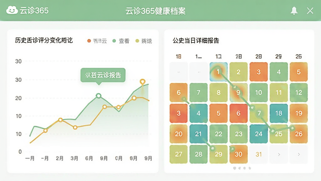 云诊365健康档案页面截图,以折线图和日历热力图展示历史舌诊评分变化,点击某日可查看当日详细报告,界面采用浅绿色与白色搭配,卡片式布局,简洁清爽,突出“云诊365”品牌