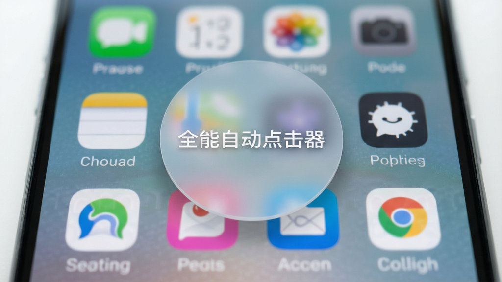 一张智能手机屏幕特写,屏幕中间悬浮着“全能自动点击器”的半透明圆形悬浮窗,背景为手机主界面,图标排列整齐,光线明亮柔和,画面主体突出,居中构图,风格写实,画质高清,干净无多余元素。