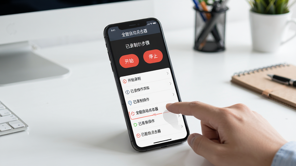 展示手机屏幕上“全能自动点击器”的脚本录制界面,界面有开始录制和停止的红色按钮,下方有已录制的操作步骤列表,手机放置在桌面上,一只手正在点击屏幕,背景是简洁的办公桌,画面布局清晰,风格扁平化,细节丰富,画质干净。