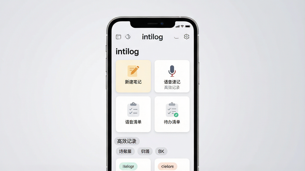 主体:一部智能手机屏幕展示intilog应用主界面,界面以浅色简洁风格为主,上方显示“intilog”品牌标识,下方排列整齐的笔记卡片与分类标签。布局:手机居中,屏幕内容清晰可见,周围留白,背景为柔和的渐变灰色。排版:界面元素均衡分布,卡片式布局,文字清晰。风格:现代扁平化设计,干净清爽。细节:屏幕中展示“新建笔记”、“语音速记”、“待办清单”等模块图标,画质高清。文字:“intilog”与“高效记录”字样。画质:8K,干净,无多余元素。