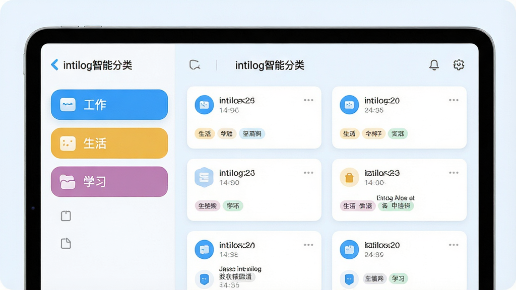 主体:intilog应用的“智能分类”功能界面,左侧为分类列表(工作、生活、学习等),右侧显示对应笔记卡片。布局:平板电脑横屏展示,界面清晰,分类标签色彩分明。排版:左右分栏式布局,卡片间距均匀。风格:商务简约风,浅蓝与白色调。细节:分类图标圆润,笔记卡片带有时间戳与标签,屏幕上方显示“intilog智能分类”字样。画质:高清,干净,无多余元素。