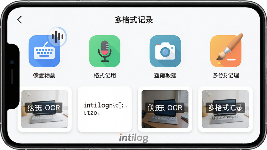 主体:intilog应用“多格式记录”界面,展示四种输入方式图标(键盘、麦克风、相机、画笔),下方对应示例内容。布局:手机竖屏,图标横向排列,下方为示例卡片。排版:网格状分布,图标下方有简短说明文字。风格:清新活泼,彩色图标。细节:麦克风图标带有声波动画效果,图片卡片上叠加OCR识别文字,屏幕底部有“intilog”水印。画质:高清,干净,无多余元素。