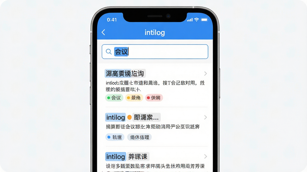 主体:intilog应用“搜索”界面,搜索框内输入“会议”,下方显示匹配的笔记列表。布局:手机竖屏,顶部搜索框,下方列表。排版:列表式布局,每条笔记显示标题、摘要和标签。风格:简洁白底,蓝色高亮。细节:搜索关键词高亮显示,标签以彩色小圆点呈现,屏幕上方有“intilog”导航栏。画质:高清,干净,无多余元素。