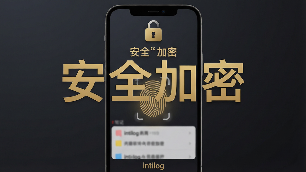 主体:intilog应用“隐私保护”界面,手机屏幕显示指纹解锁图案,上方有加密锁图标。布局:手机居中,背景为暗色渐变,文字“安全加密”明显。排版:简洁居中,图标与文字层次分明。风格:沉稳安全风,深灰与金色调。细节:指纹扫描动画,笔记列表部分模糊处理,屏幕下方显示“intilog”字样。画质:高清,干净,无多余元素。