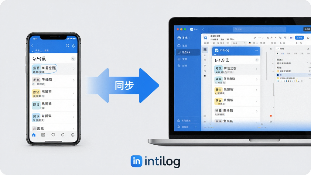 主体:intilog应用在手机和电脑上同步运行,展示多端协作场景。布局:左侧手机,右侧电脑,中间有同步箭头。排版:左右对称,背景为浅灰色。风格:现代科技感,蓝白配色。细节:手机屏幕显示笔记列表,电脑屏幕显示同一笔记编辑界面,箭头带有“同步”字样,底部有“intilog”标识。画质:高清,干净,无多余元素。