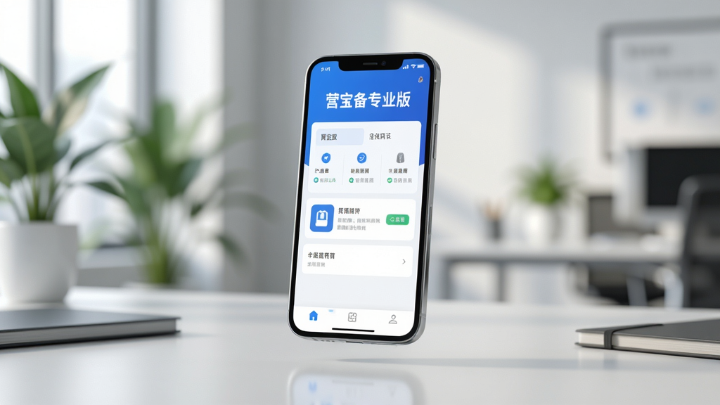 主体为一部现代智能手机悬浮在整洁的办公桌上,屏幕中清晰显示“营宝备专业版”的软件主界面,界面以蓝白配色为主,布局清晰。背景为虚化的现代化办公室环境,有绿植和柔和的自然光。整体风格为商务科技感,画面干净明亮,细节丰富,高清渲染,画质细腻,无多余元素。