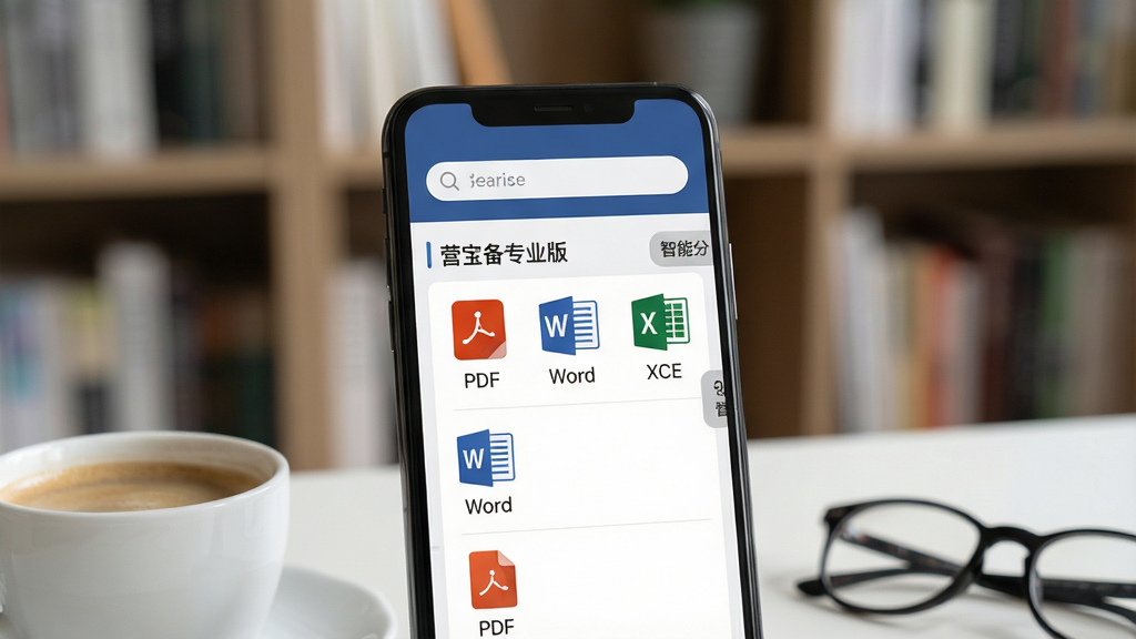 特写镜头展示手机屏幕上的“营宝备专业版”文档管理界面,界面以列表形式呈现各类文件图标,包括PDF、Word及Excel格式。屏幕上方有搜索栏,侧边栏显示智能分类标签。手机旁放置一杯咖啡和眼镜,背景为浅景深的书房书架。布局规整,排版清晰,风格为简约商务,细节到位,画质高清,干净无多余元素。
