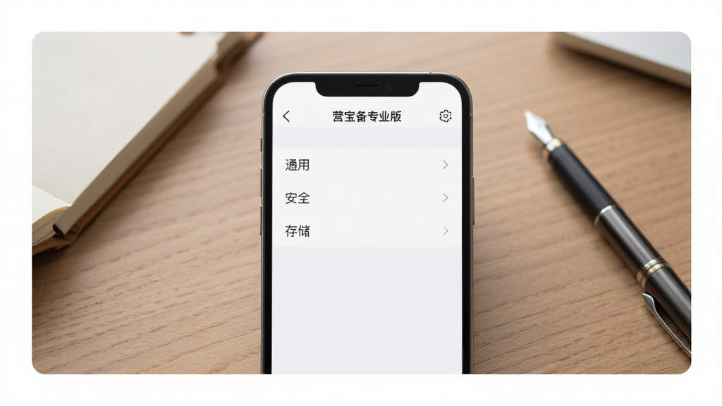 手机屏幕特写显示“营宝备专业版”的设置页面,页面包含“通用”、“安全”、“存储”等选项菜单。背景为一张木色办公桌,桌上有笔记本和笔。构图以手机为中心,四周留白,风格为极简主义,画面干净整洁,光线柔和,细节清晰,画质高清,无多余元素。