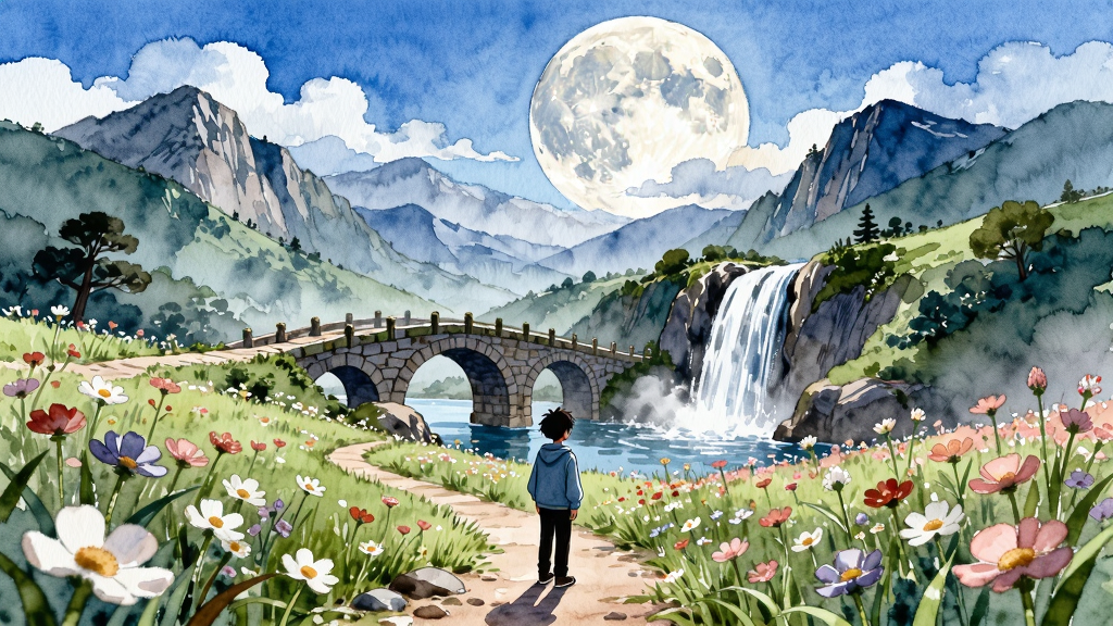 Tearscape手绘艺术画廊风格展示,一幅全景式手绘风景画,前景是主角站在花海中的小径,中景是古老的石桥与瀑布,远景是层叠的山峦与巨大的月亮,风格为水彩手绘,色彩清透,构图层次丰富,细节精致,画质高清,干净无多余元素
