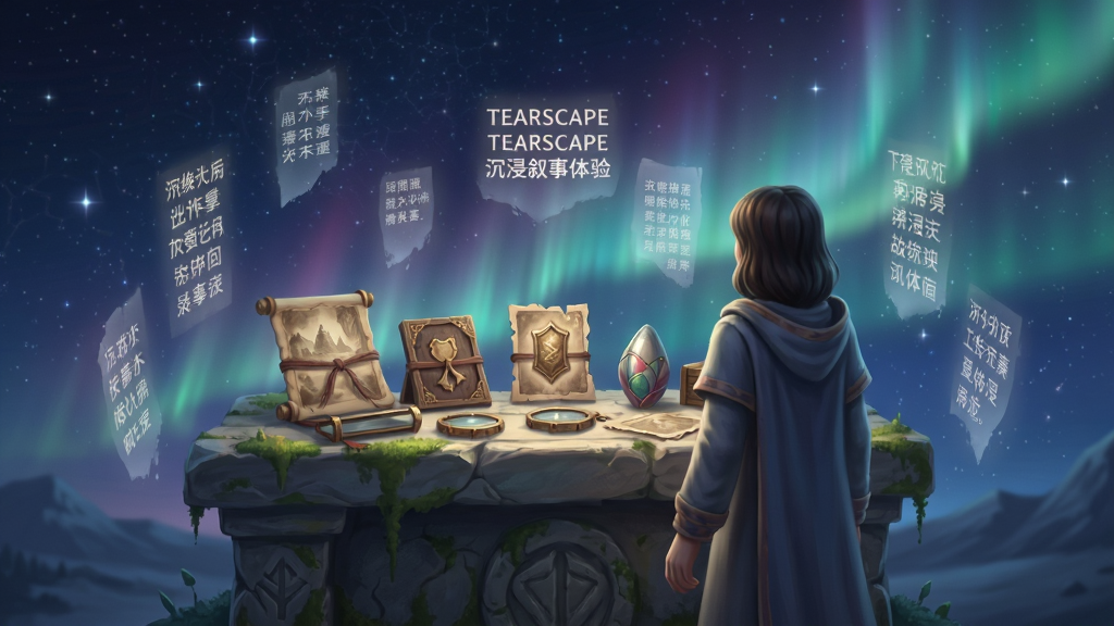 Tearscape沉浸叙事体验的截图,主角站在一个古老的祭坛前,祭坛上摆放着各种记忆物品,周围有飘浮的文字碎片,背景是星空与极光,构图以中景平视,风格梦幻唯美,细节丰富,画质清晰,干净无多余元素