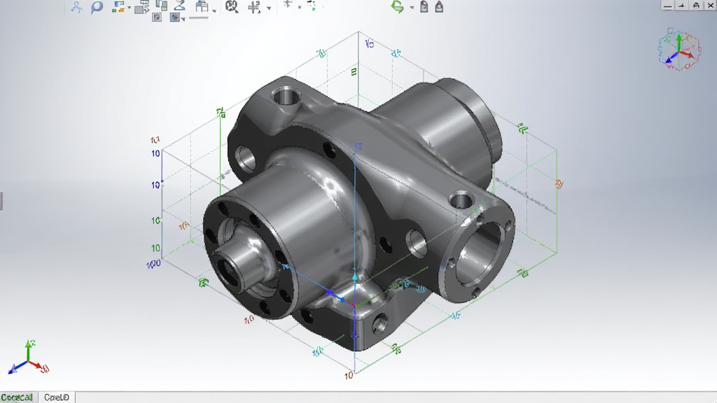 CorelCAD软件中显示一个正在渲染的3D机械零件模型,模型具有金属质感,周围有坐标系和网格辅助线,视图角度为45度透视图,背景为浅灰色渐变,整体画面专业且富有科技感,画质清晰,干净无多余元素