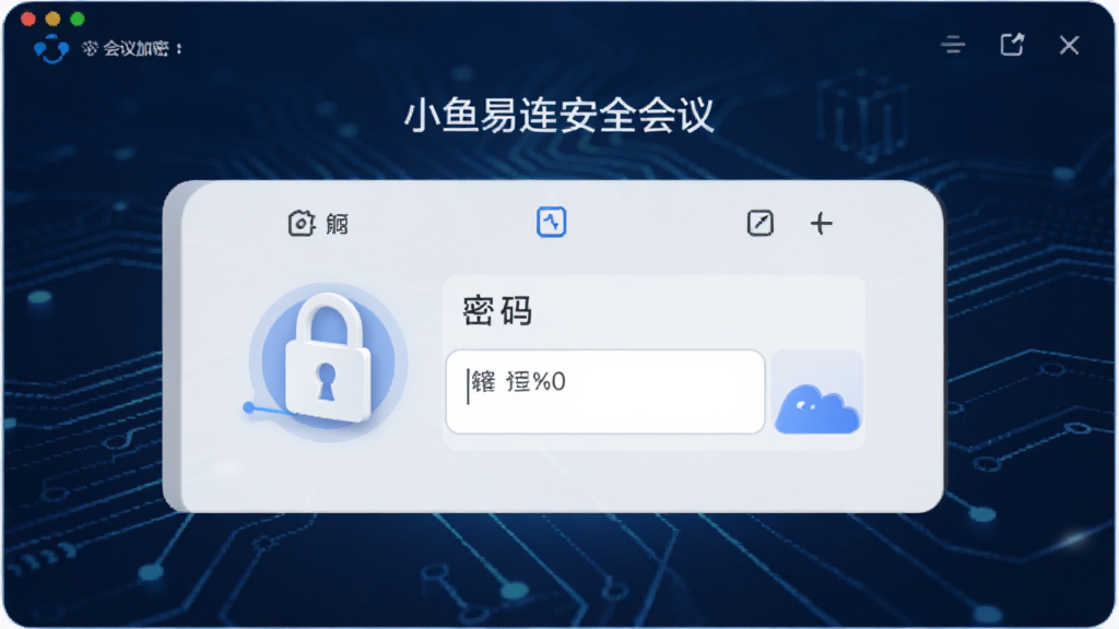 小鱼易连安全会议界面,展示会议加密锁图标和密码输入框,背景为深蓝色科技风格,界面元素简洁,突出安全主题,画质干净,无多余元素