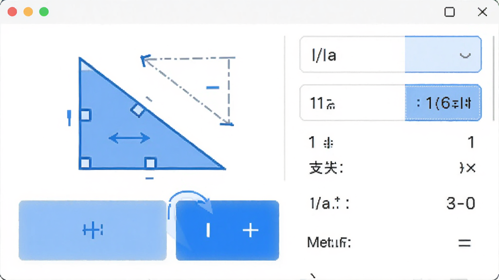 勾股计算器软件主界面预览图,主体为简洁的计算器面板,左侧显示直角三角形的动态示意图,右侧为输入框和结果展示区,布局清晰,排版规整,现代扁平化风格,细节包括蓝色高亮按钮和白色背景,画质干净,无多余元素