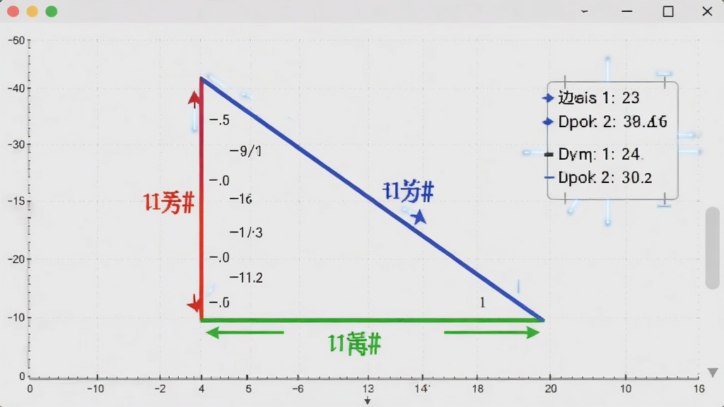 勾股计算器图形可视化功能预览,主体为软件绘制的一个直角三角形,三条边分别用不同颜色标注,旁边显示边长和角度数值,布局为居中展示,排版专业,风格科技感,细节包括坐标网格和浅灰背景,画质干净,无多余元素