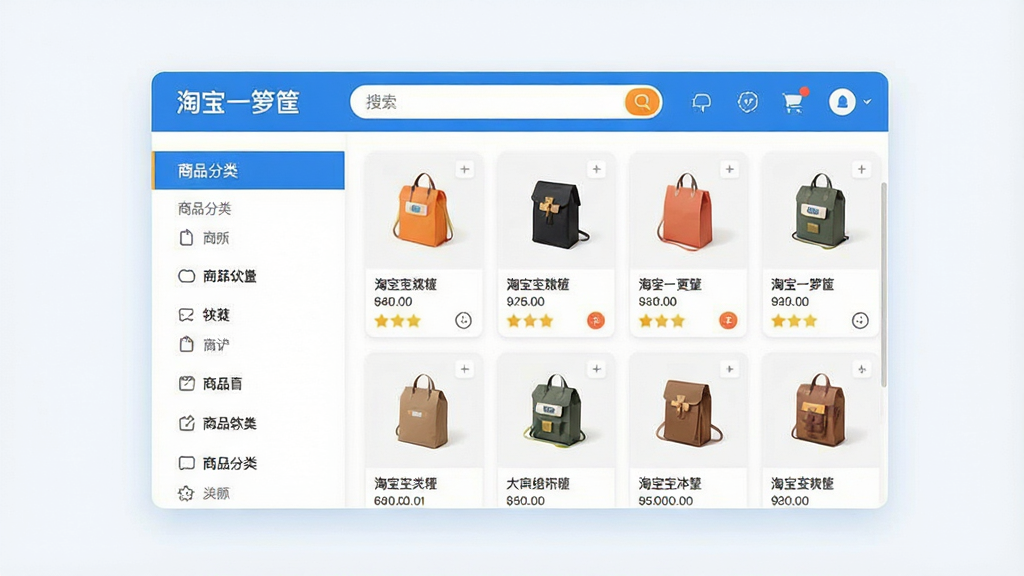 一张现代简约风格的软件功能界面预览图,画面中央展示“淘宝一箩筐”软件主界面,采用清爽的蓝白配色,界面布局清晰,左侧为商品分类列表,右侧展示商品卡片缩略图,顶部有搜索栏和功能图标,整体风格扁平化设计,干净明亮,画质高清,无多余元素