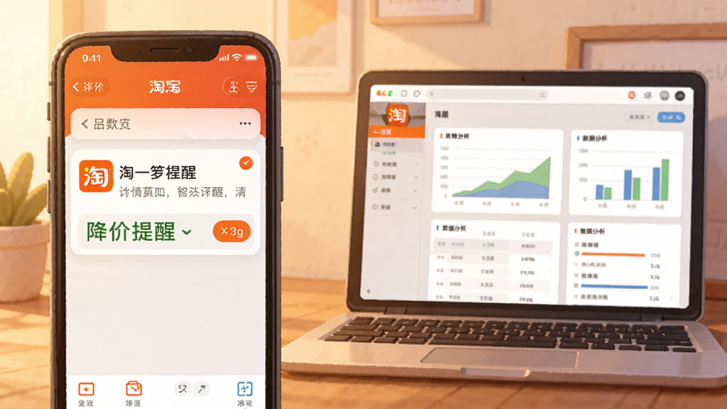 一张关于软件使用场景的插图,画面左侧是一部智能手机,屏幕显示淘宝一箩筐软件的降价提醒通知,右侧是一台笔记本电脑,屏幕上显示软件的数据分析图表,背景为暖色调的工作台,整体风格写实温馨,画质清晰,无多余元素