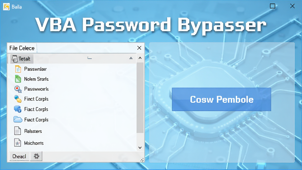 一张展示VBA Password Bypasser软件主界面的图片,界面简洁清晰,左侧为文件选择区域,右侧为密码移除按钮,背景为浅蓝色科技感风格,文字标注