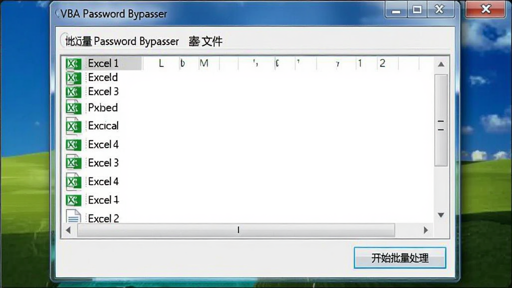 展示VBA Password Bypasser批量添加多个文件的界面,文件列表框中显示多个Excel文档,底部有