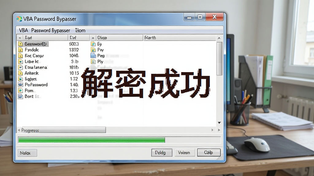 展示VBA Password Bypasser在Windows电脑上运行的截图,界面显示文件列表和进度条,背景为办公桌面,文字标注