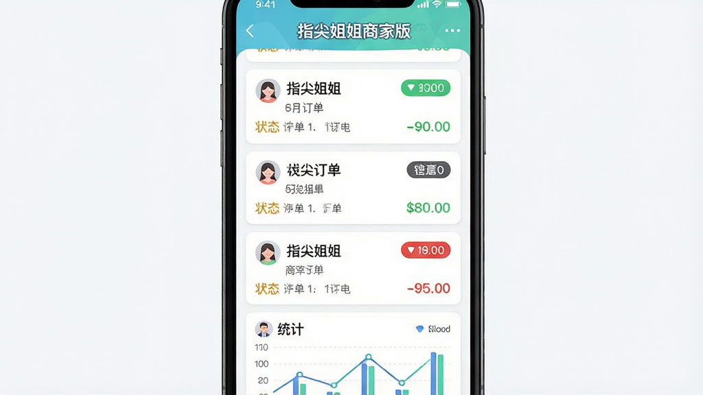 主体:手机界面展示订单列表,顶部显示“指尖姐姐商家版”文字;布局:手机居中,订单条目清晰排列;排版:列表式布局,状态标签醒目;风格:扁平化UI风格,色彩清新;细节:订单状态用不同颜色标注,底部有统计图表;画质:高清,干净,无多余元素