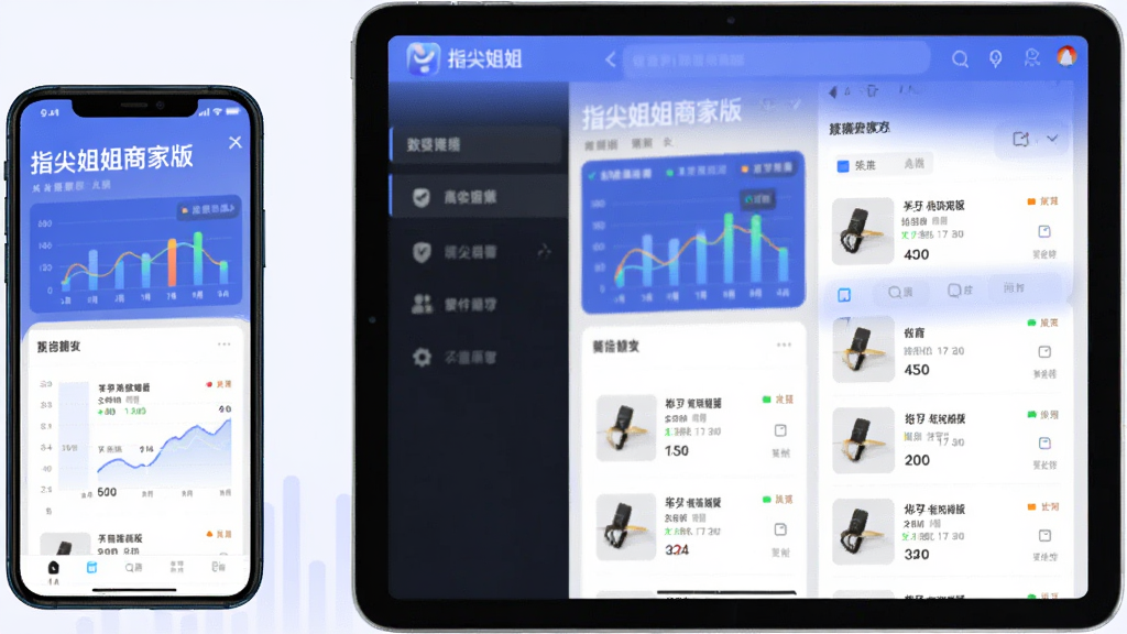 主体:一部手机和一台平板电脑并排展示,屏幕上都显示“指尖姐姐商家版”界面;布局:左右排列,手机在左,平板在右;排版:设备居中,背景简洁;风格:现代科技感,浅色背景;细节:屏幕上的图表与商品列表清晰可见;画质:高清,干净,无多余元素