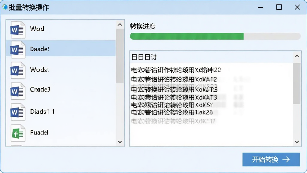 展示批量转换操作界面,左侧为多个Word文件列表,右侧为转换进度条与日志信息,底部有“开始转换”按钮,界面采用淡蓝色调,图标清晰,整体风格清爽。