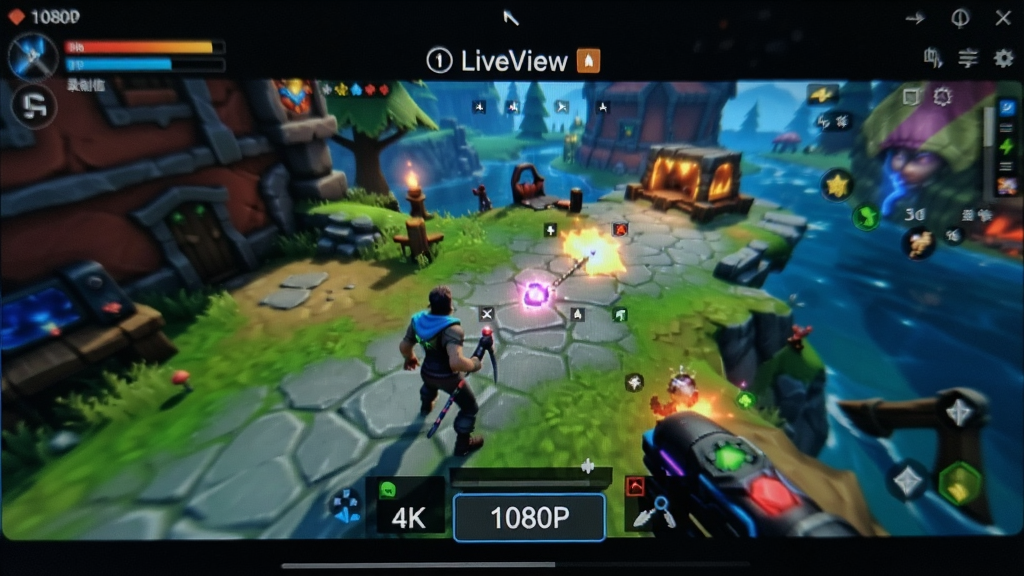 LiveView¼������������д����ʾ¼�ƻ���ѡ�����1080P��4K�ֱ��ʱ�ǩ������Ϊ��̬��Ϸ���棬ɫ�����ޣ�ϸ�����������ʸɾ����޶���Ԫ��