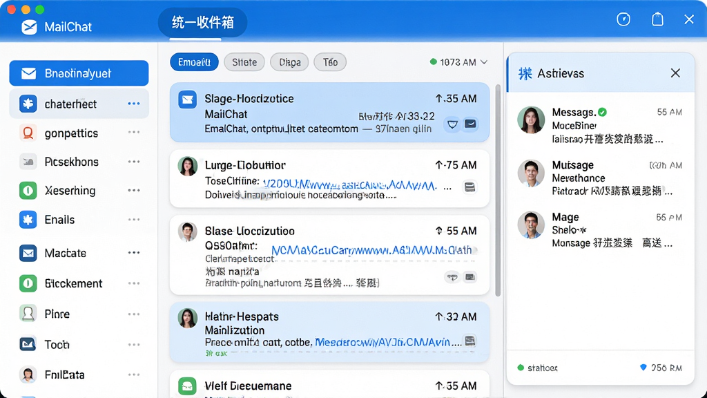 主体:MailChat 软件的“统一收件箱”界面,展示多个邮箱账户和聊天频道合并显示。布局:左侧栏列出多个邮箱账户和频道名称,中央区域混合显示邮件和消息列表,右侧为预览窗口。排版:邮件条目和消息条目交错排列,各有醒目的类型图标,顶部有筛选标签。风格:现代化商务风格,蓝白配色,圆角卡片,整洁有序。细节:邮件显示主题和发件人,消息显示发送者头像和内容摘要,状态栏有同步时间。画质:高清,干净,无多余元素。