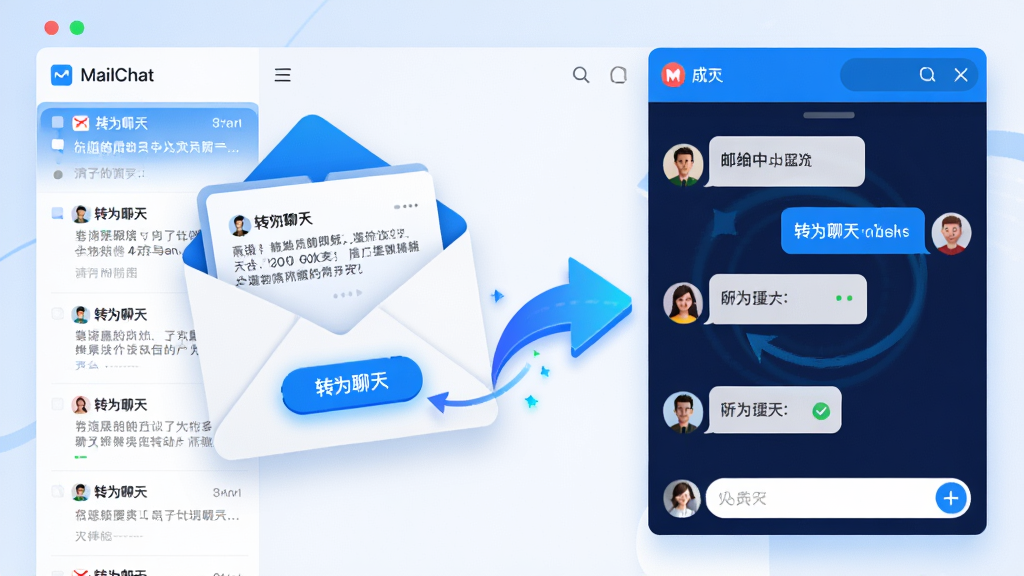主体:MailChat 软件界面,演示邮件转换为聊天的动画效果,一封邮件展开后变成聊天窗口。布局:左侧是邮件列表,右侧是转换后的聊天窗口,中间有转换动画箭头。排版:邮件内容以卡片形式展示,聊天窗口以气泡对话形式呈现,箭头动态指示转换方向。风格:动态插画风格,色彩明亮,蓝色主调,突出“转换”概念。细节:邮件上的“转为聊天”按钮高亮,聊天窗口中有成员头像和消息输入框。画质:高清,干净,无多余元素。