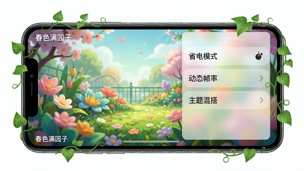 ���壺��ɫ��԰��APP���ֻ��ϵ�ʵ������Ч��ͼ���ֻ���Ļ��ʾ�Ŷ�̬��԰��ֽ��������Ա������ò˵������֣��ֻ����У���Ļ�ڱ�ֽɫ�����ޣ��Ҳม����͸����������塣�Ű棺������������ɼ���������ʡ��ģʽ��������̬֡�ʡ������������ѡ������������������ɾ����ࡣϸ�ڣ��ֻ���Ե����ɫ����װ�Σ���Ļ�����С���ɫ��԰�ӡ����������ʣ����壬�ɾ����޶���Ԫ�ء�