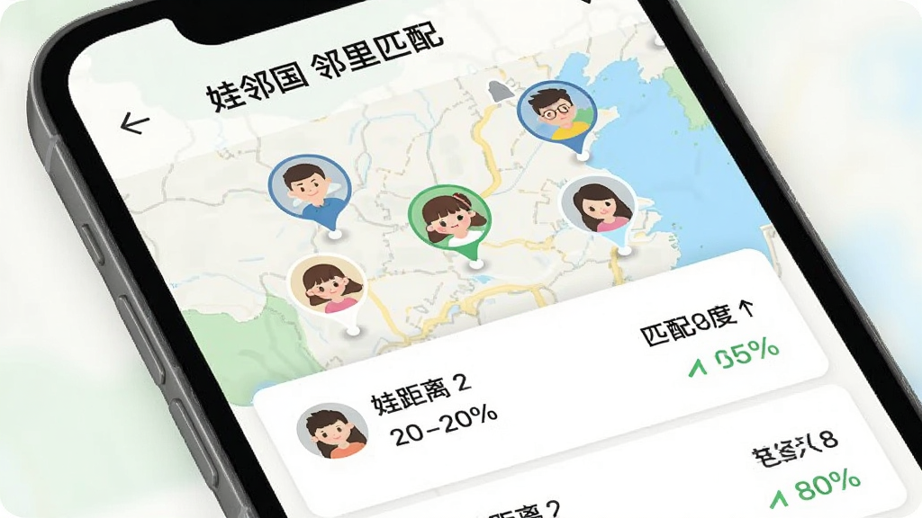 手机屏幕展示“娃邻国”邻里匹配功能,主体为地图界面带多个家庭头像标记,布局为上下滑动列表,风格简洁扁平化,细节包括距离数字、匹配度百分比,画质清晰干净,文字显示“娃邻国 邻里匹配”,无多余元素