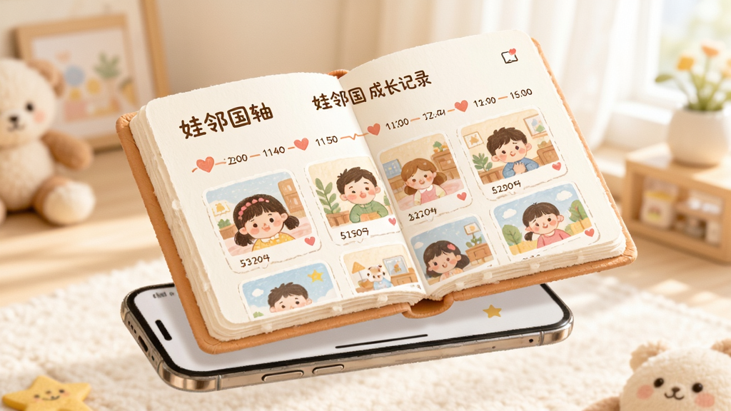 一本打开的电子相册悬浮在手机上方,主体为“娃邻国”成长时光轴界面,布局为瀑布流照片墙,风格温暖手绘风,细节包含时间线、爱心点赞图标,画质柔和明亮,文字标注“娃邻国 成长记录”,画面干净无杂乱