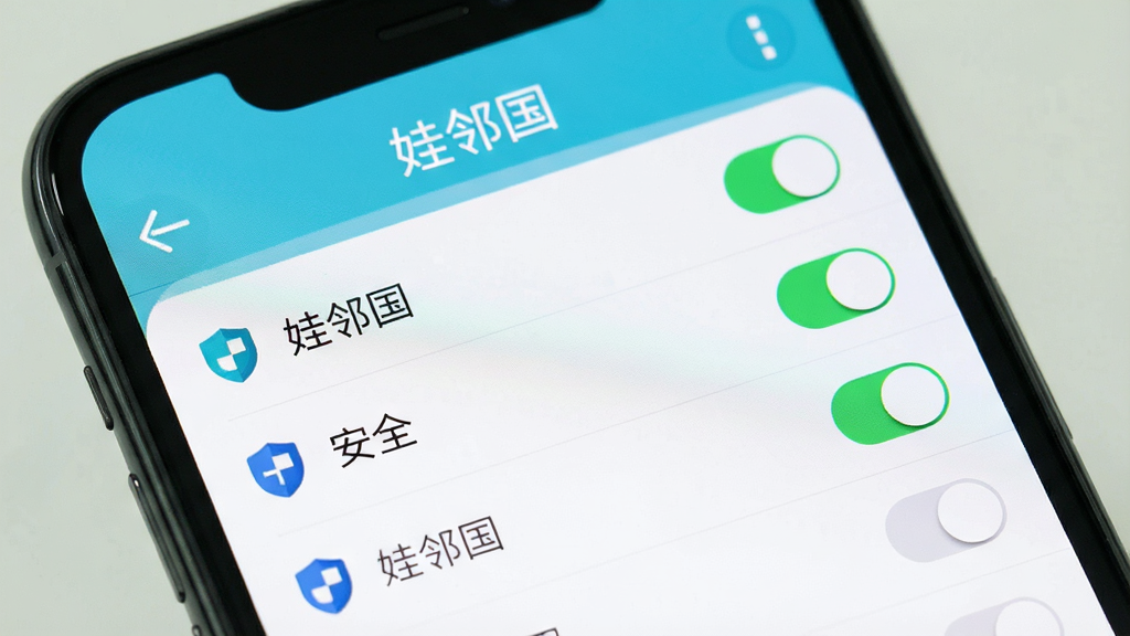 手机屏幕显示“娃邻国”设置页面,主体为隐私与安全选项,布局为列表样式,风格清爽简洁,细节包括开关按钮、盾牌图标,画质干净明亮,文字标注“娃邻国 设置”,无多余元素