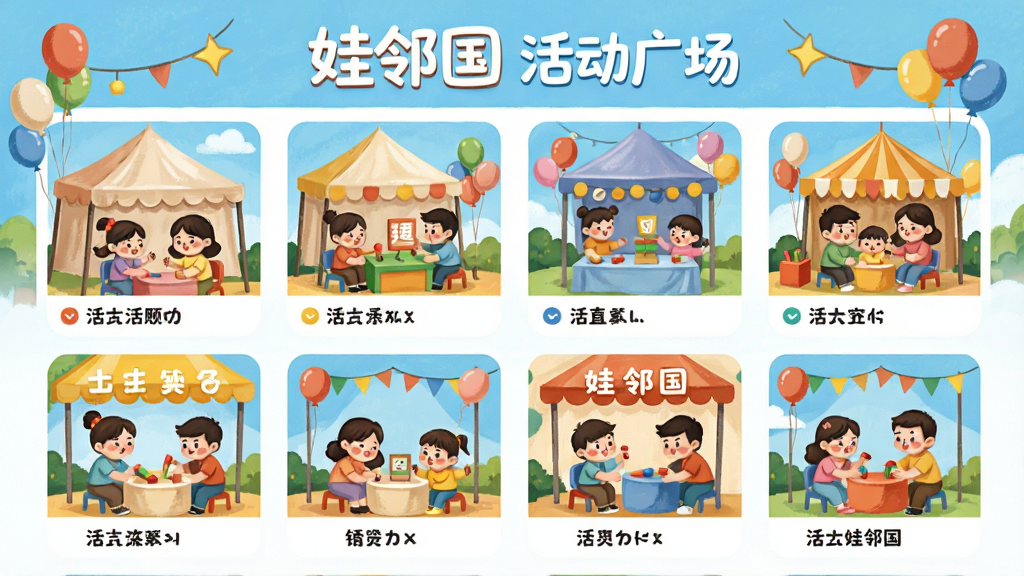 一个热闹的社区市集场景,主体为“娃邻国”活动广场页面,布局为网格卡片,风格活泼插画风,细节包含帐篷、气球、亲子游戏摊位,画质鲜艳干净,文字写有“娃邻国 活动广场”,无多余元素