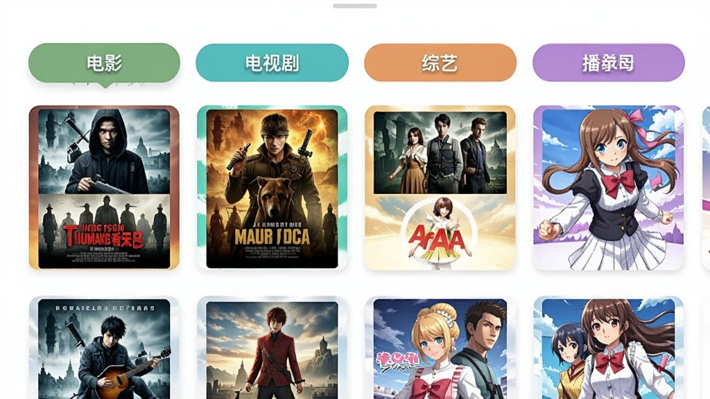 一起看片播放器资源分类界面截图,展示电影、电视剧、综艺、动漫等多个分类标签,每个分类下显示缩略图海报,界面采用卡片式布局,色彩鲜艳,视觉层次分明,画质清晰,无多余元素