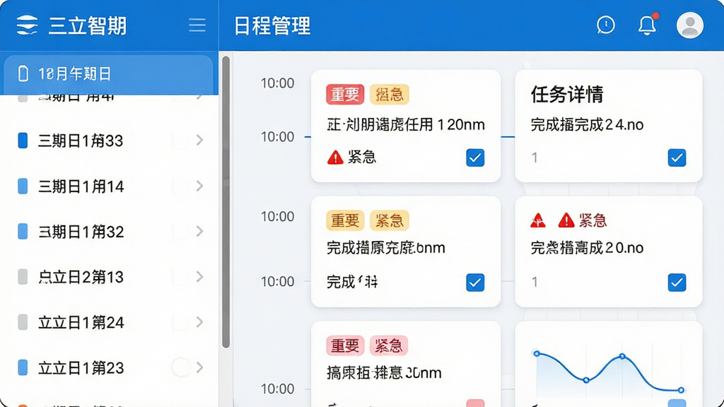 主体:三立智期应用中的日程管理界面,左侧为日期列表,右侧为任务详情;布局:左右分栏设计,左侧日期可滚动,右侧显示任务卡片;排版:信息层级分明,任务卡片带有完成状态勾选;风格:清新商务风,蓝白配色;细节:卡片上有“重要”、“紧急”标签,时间轴清晰;画质:高分辨率,干净,无多余元素。