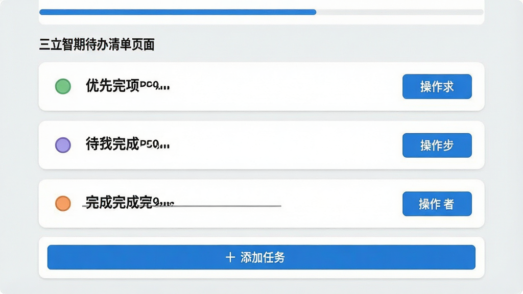 主体:三立智期待办清单页面,展示多个待办事项;布局:垂直列表,每个事项左侧有圆形的优先级指示点,右侧有操作按钮;排版:列表简洁,事项文字清晰,已完成项有删除线;风格:极简风格,背景为浅灰色,卡片为白色;细节:底部有“添加任务”按钮,顶部有进度条;画质:干净,无多余元素。