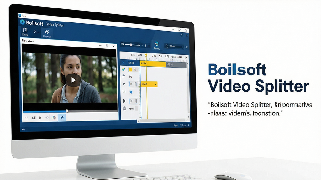 主体:Boilsoft Video Splitter软件界面展示在电脑屏幕上,屏幕中央显示主界面,左侧为视频预览窗口,右侧为分割时间轴控制面板,界面风格简洁现代,采用深蓝色与白色搭配,布局清晰。排版:屏幕置于画面中央偏左,右侧留白处放置软件名称文字“Boilsoft Video Splitter”,下方配有简短功能说明文字。风格:科技感、专业、干净。细节:界面图标清晰可辨,时间轴上显示黄色进度条,预览窗口中有视频画面,整体光线明亮。画质:高清、细腻、无噪点、干净、无多余元素。