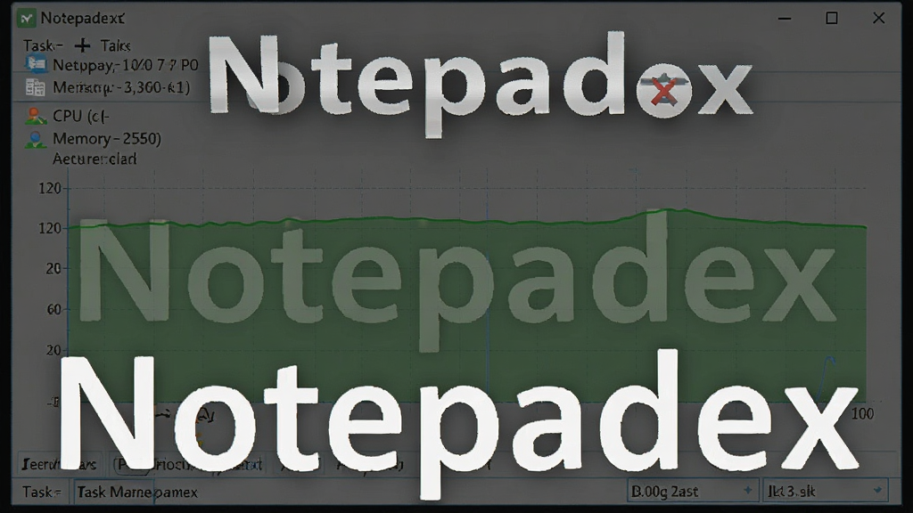 一张动态示意图,展示Notepadex软件在任务管理器中极低的CPU和内存占用率,背景为简洁的性能监控图表,绿色曲线平稳,画质干净,突出“Notepadex”名称,无多余元素