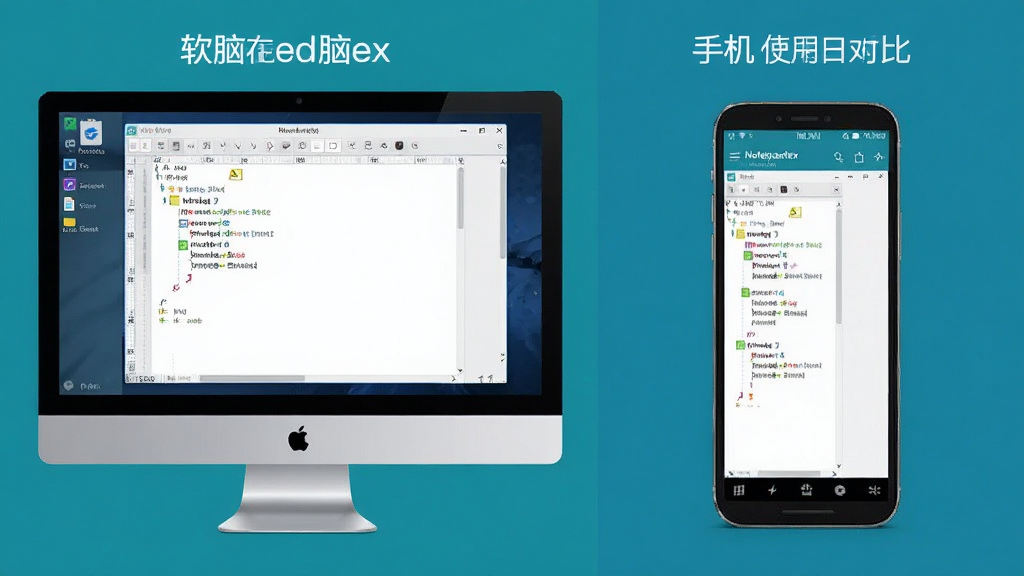 Notepadex软件在电脑和手机上的使用对比图,左侧为电脑屏幕显示编辑窗口,右侧为手机屏幕显示类似界面,背景为纯色,画质干净,无多余元素