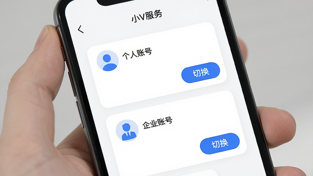 画面主体为手机应用内的账号切换页面,顶部显示“小V服务”字样,下方列出两个账号卡片,分别标注“个人账号”和“企业账号”,每个卡片右下角有“切换”按钮。背景为白色,卡片采用圆角设计,蓝色点缀,界面简洁,扁平化风格,画质干净,无多余元素。