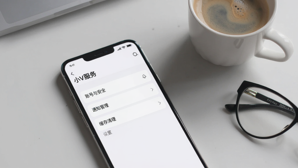 画面主体为一部手机正在运行“小V服务”应用,屏幕显示“设置”页面,包含“账号与安全”、“通知管理”、“缓存清理”等选项,背景为浅灰色桌面,手机旁有一杯咖啡和眼镜,场景写实,光线柔和,细节真实,画质干净,无多余元素。
