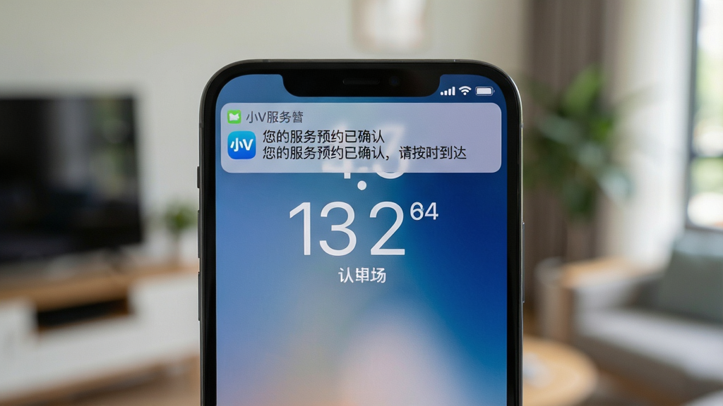画面主体为一部手机锁屏界面,屏幕上方有一条“小V服务”推送通知,显示“您的服务预约已确认,请按时到达”的文字,通知栏有应用图标。背景为模糊的室内场景,锁屏时钟清晰可见,整体风格写实,光线自然,画质细腻干净,无多余元素。